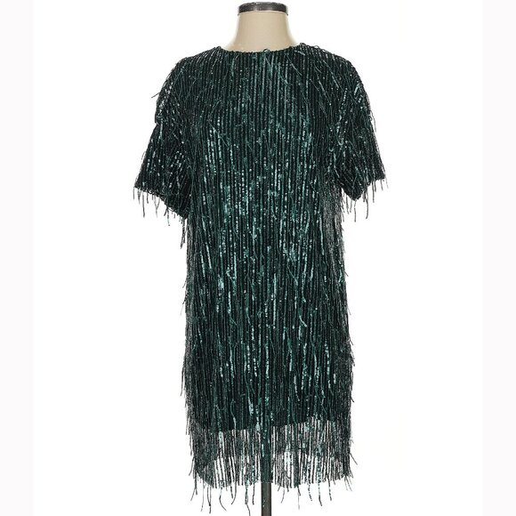 💥SHOWSTOPPER💥1920's Flapper Style Sequin & Fringe Cocktail Dr in Emerald Green - Picture 12 of 16